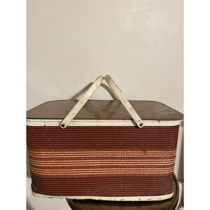 Large Vintage Redmon Picnic Basket~Woven Wicker ~Metal Handles Fold Back Lid